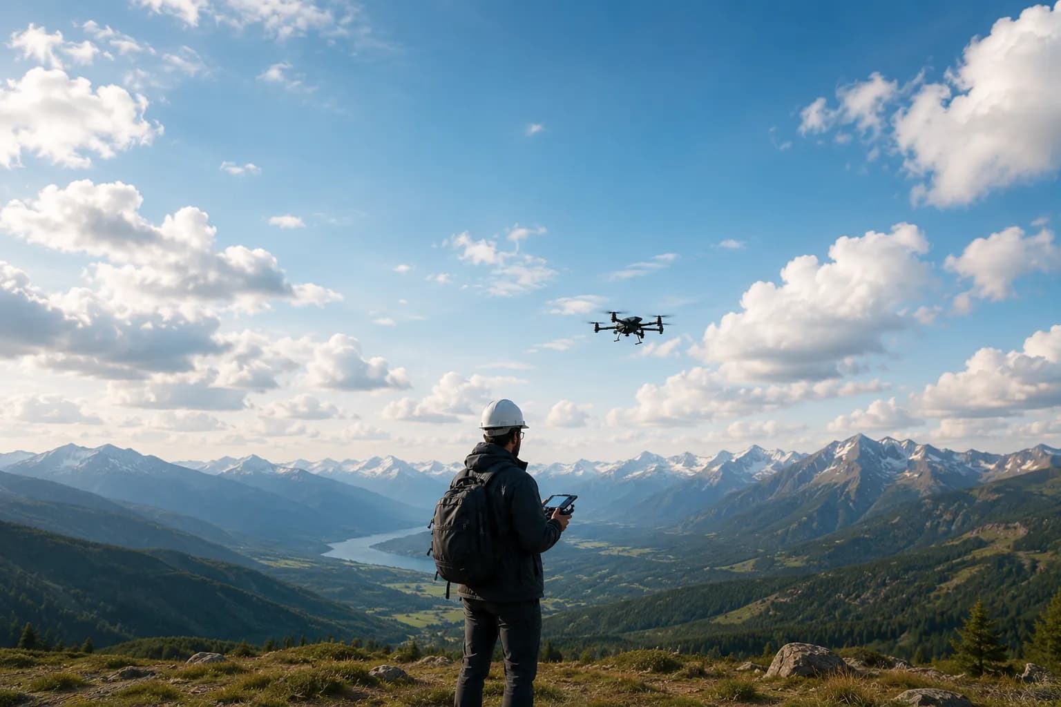 A pilot flying a drone over a mountain landscape.
