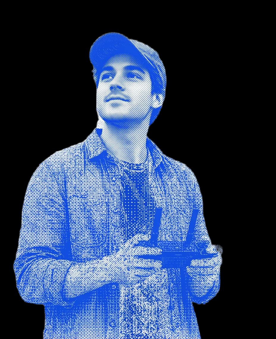 A drone pilot, rendered as a blue halftone portrait.