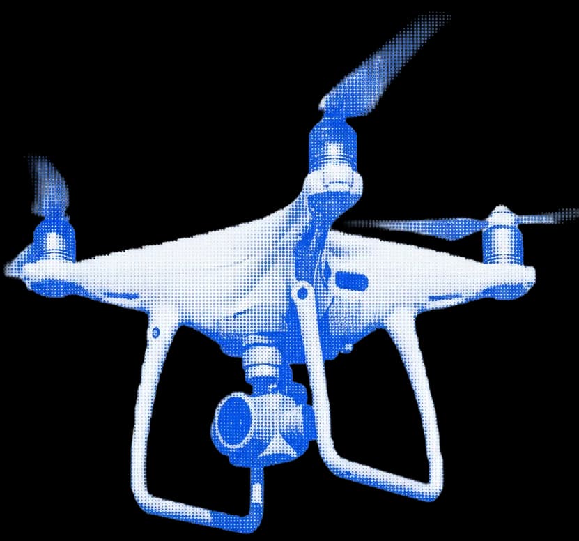 A quadcopter drone in flight, in blue halftone style.