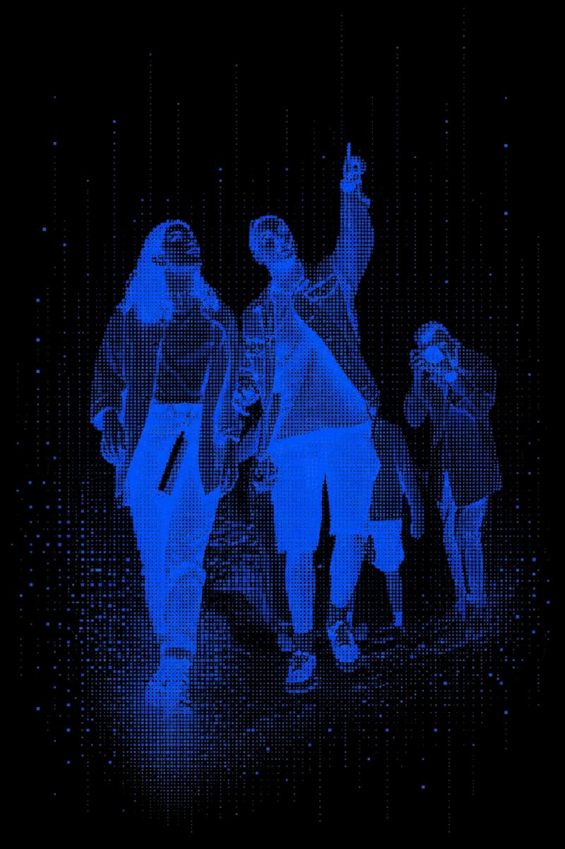A group of people watching a drone overhead, in blue halftone style.