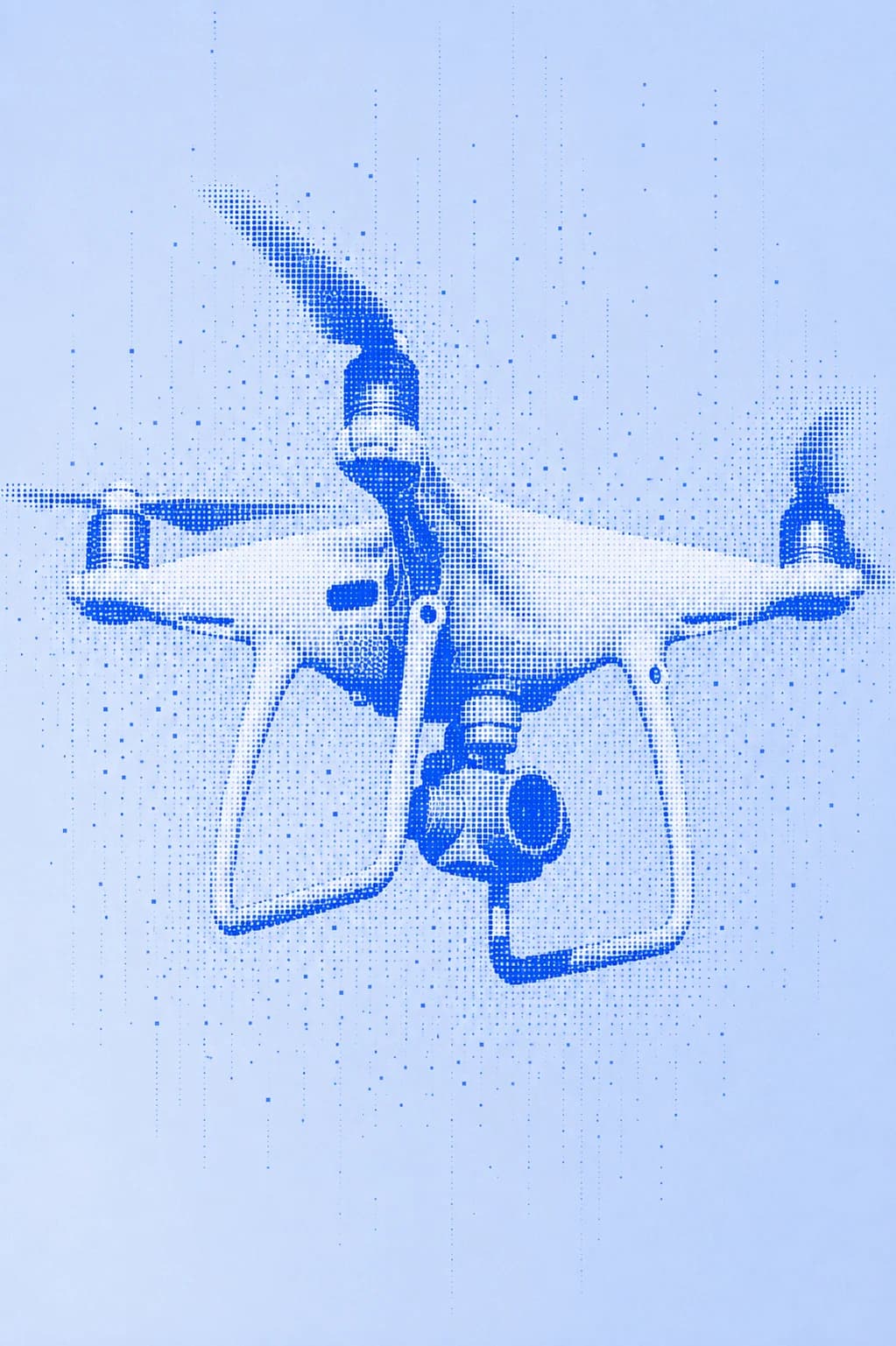 A quadcopter drone in flight, in blue halftone style.