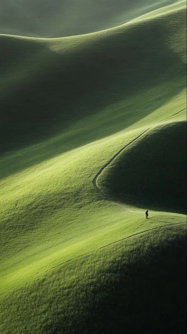A lone figure walking across open green hills.